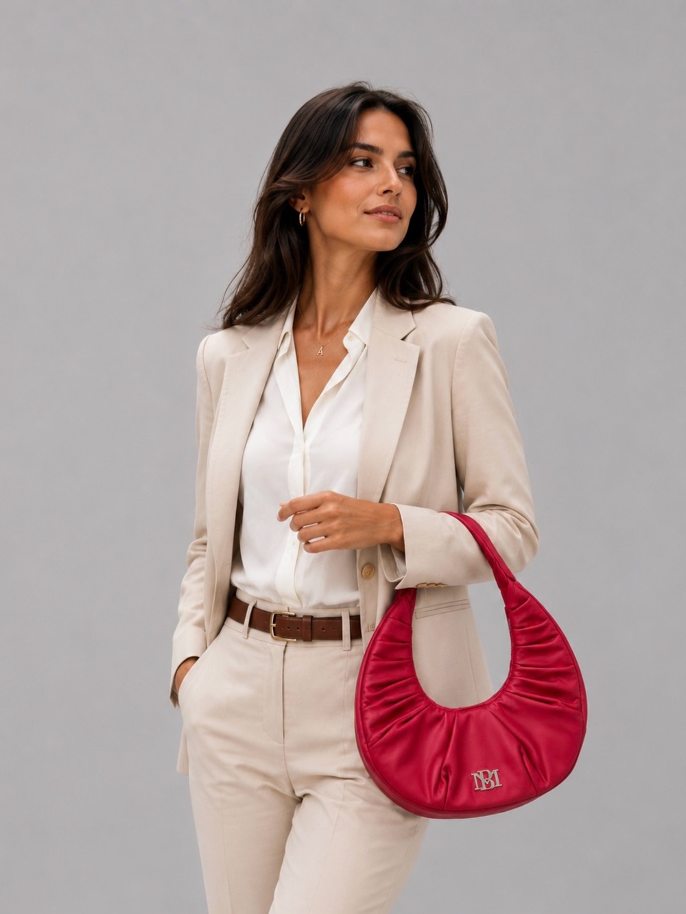 Ladies Badgley Mischka Red Ruched Crescent Shoulder Bag with Silver Logo